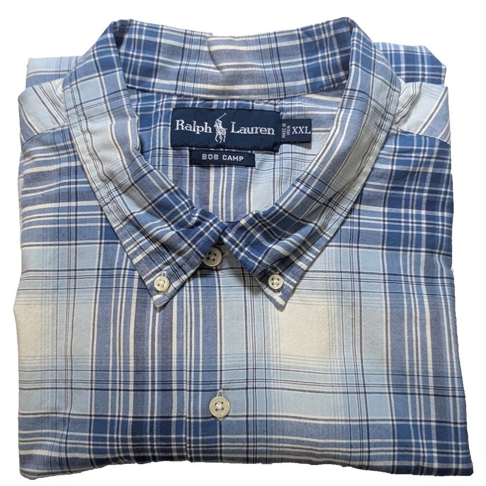 NWT VTG Ralph Lauren Bob Camp Plaid Shirt men's XXL Blue White Cotton